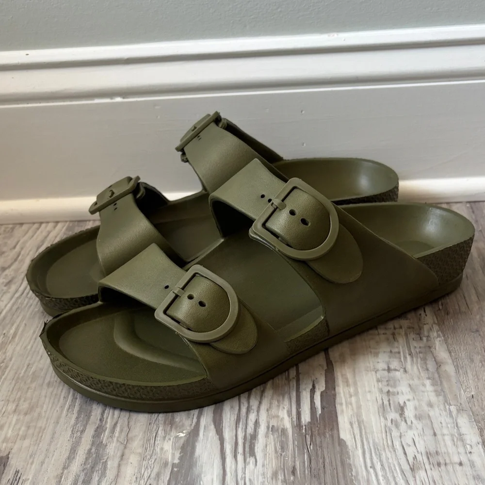 Olive Green Double-Buckle Slide Sandals
